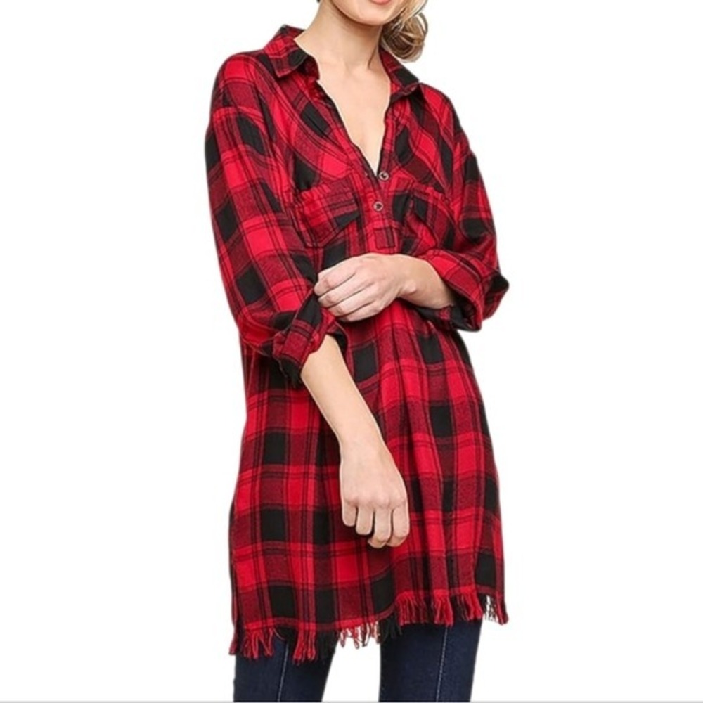 Umgee USA Red Black Plaid Frayed Hem Oversized Tunic Shirt A2710 Womens Medium